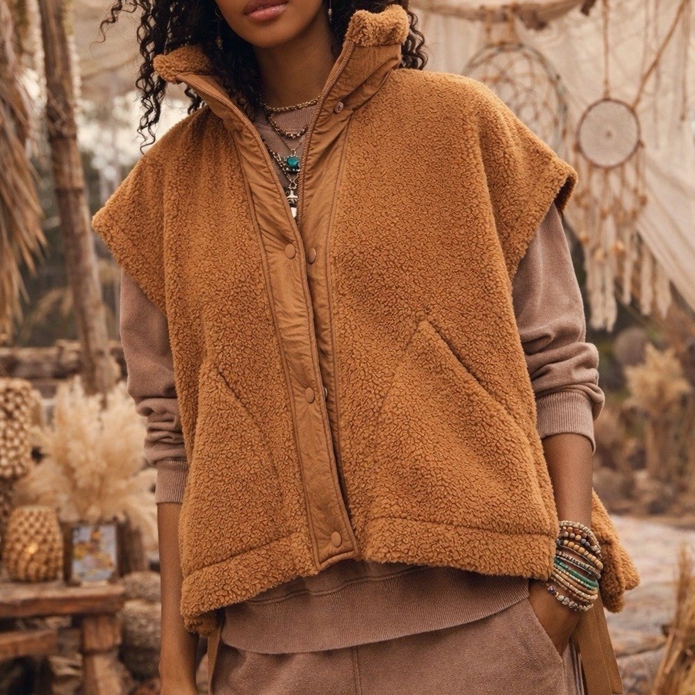 Free People Movement Scout It Out Fleece Vest Women's Large Twig Honey NWT